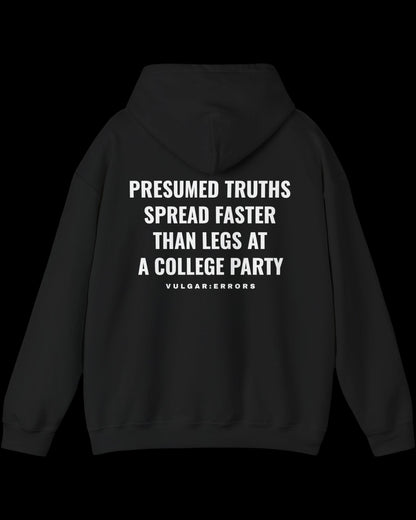 Front view of black hoodie with small white Vulgar Errors chest logo and crew neck fit