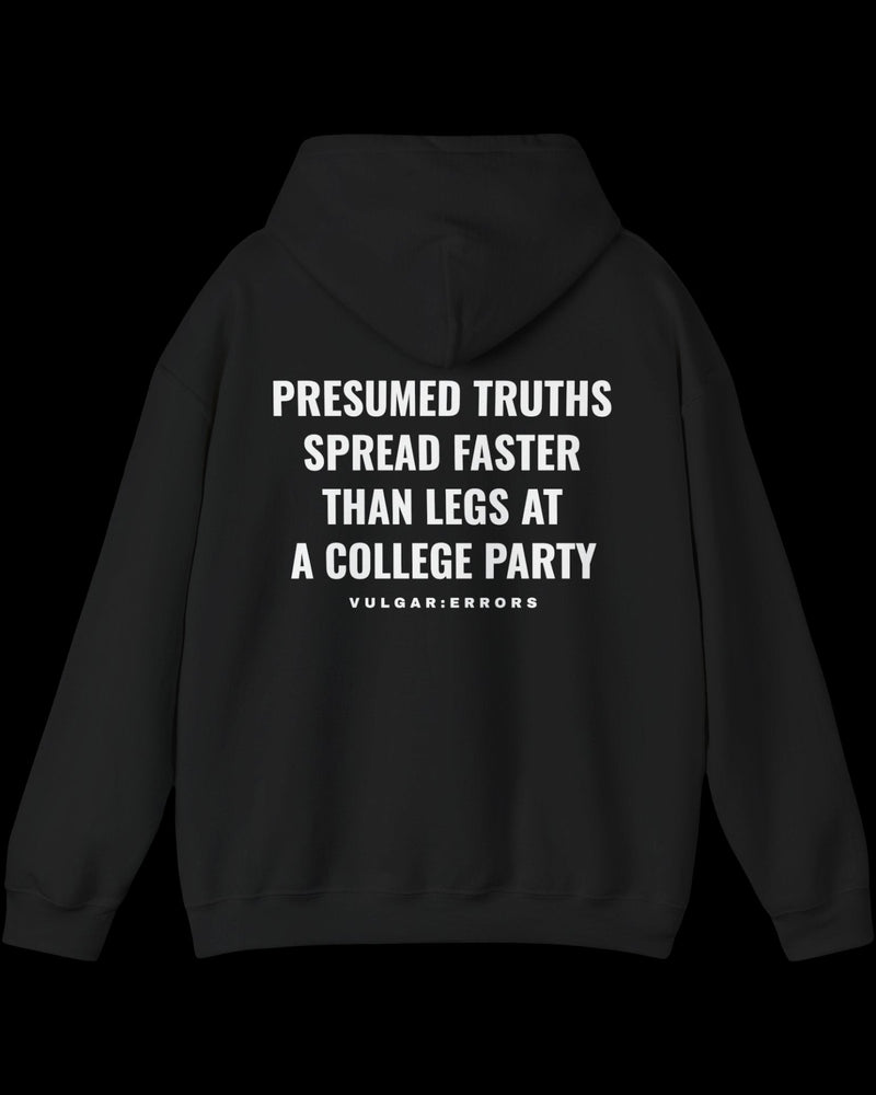 Front view of black hoodie with small white Vulgar Errors chest logo and crew neck fit