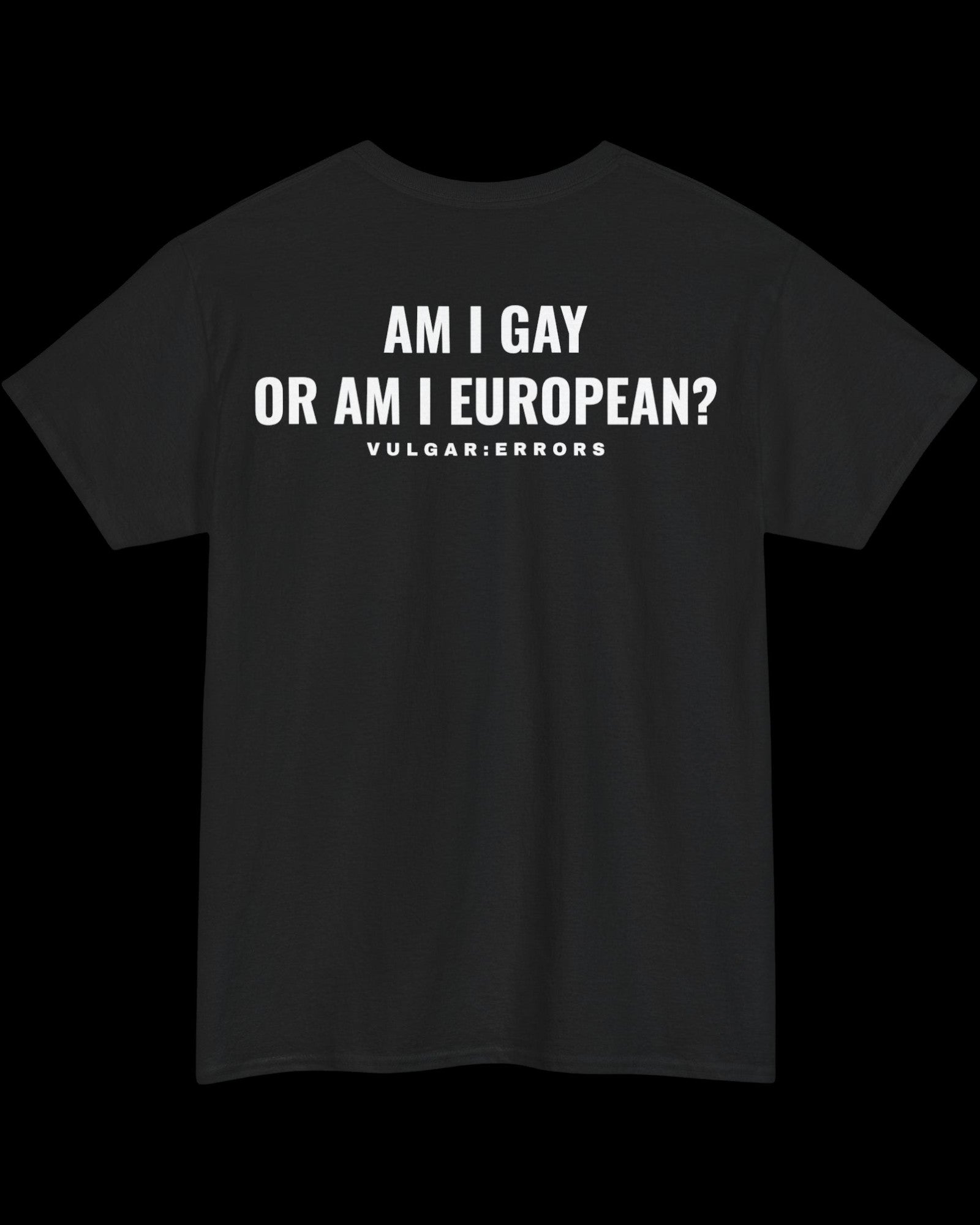 Vulgar Errors European Gay T-Shirt with large white back slogan print on black cotton