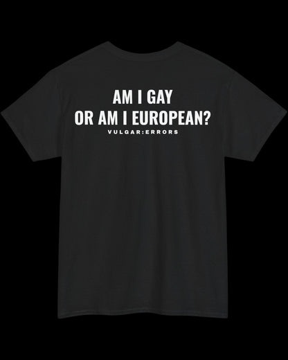 Vulgar Errors European Gay T-Shirt with large white back slogan print on black cotton