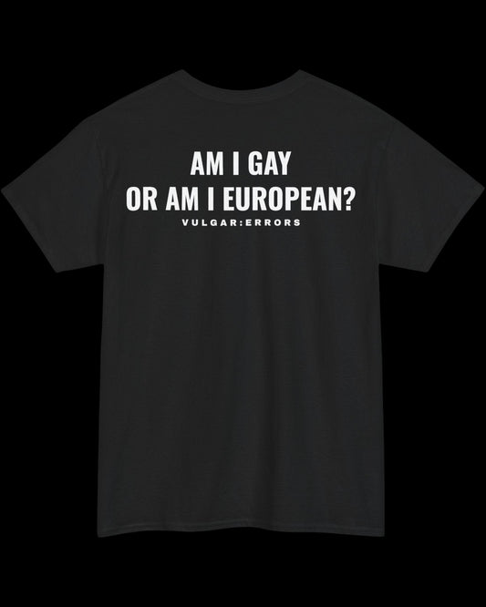 Vulgar Errors European Gay T-Shirt with large white back slogan print on black cotton