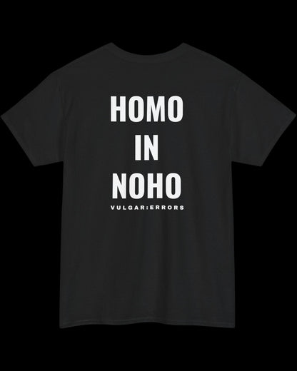 Vulgar Errors Homo Noho T-Shirt with large white back slogan print on black cotton