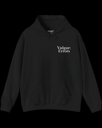 Front view of black hoodie with small white Vulgar Errors chest logo and crew neck fit