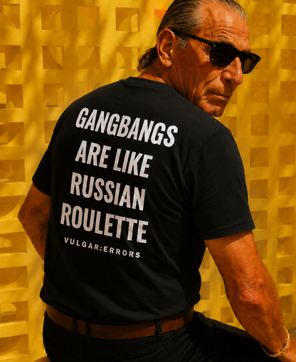 Vulgar Errors Russian Roulette T-Shirt with large white back slogan print on black cotton