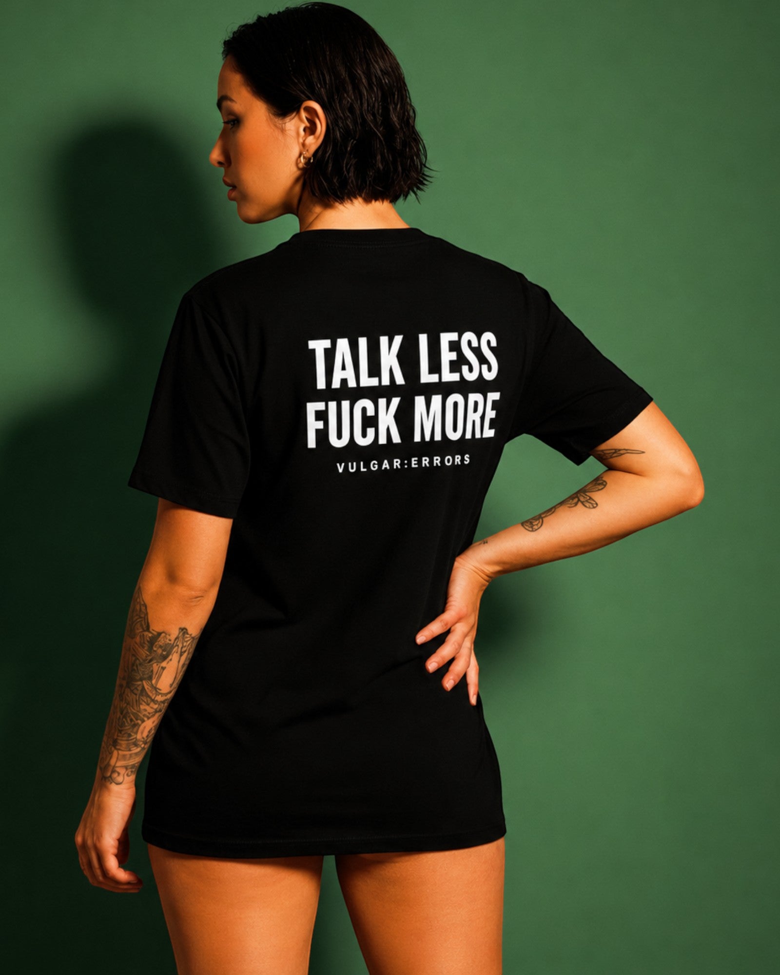 Vulgar Errors Talk Less T-Shirt with large white back slogan print on black cotton