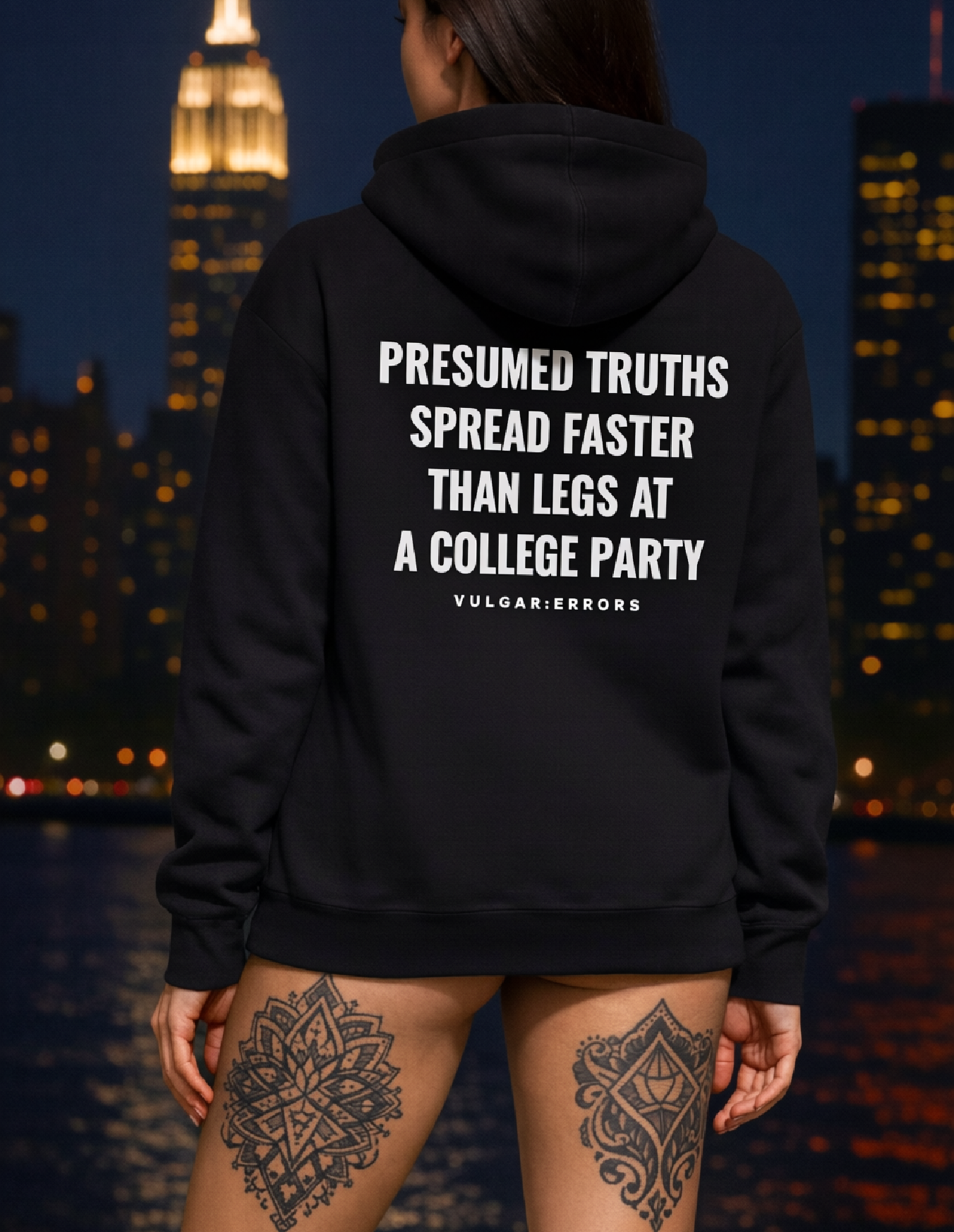 Vulgar Errors The Presumed Truths Hoodie with large white back slogan print on black cotton