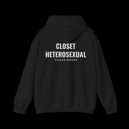 CLOSET HETEROSEXUAL Hoodie, back print, on a black background