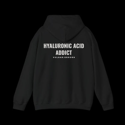 HYALURONIC ACID ADDICT Hoodie by Vulgar Errors, black hoodie, photo 1 on a black background