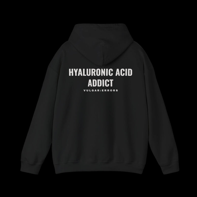 HYALURONIC ACID ADDICT Hoodie by Vulgar Errors, black hoodie, photo 1 on a black background