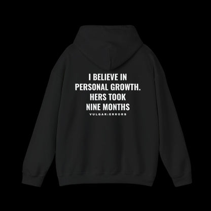 I BELIEVE IN PERSONAL GROWTH Hoodie by Vulgar Errors, black hoodie, photo 1 on a black background
