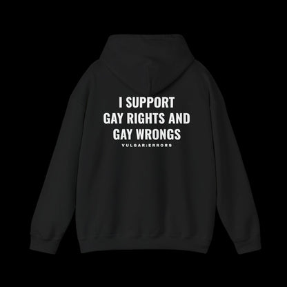 I SUPPORT RIGHTS AND WRONGS Hoodie by Vulgar Errors, black hoodie, photo 1 on a black background