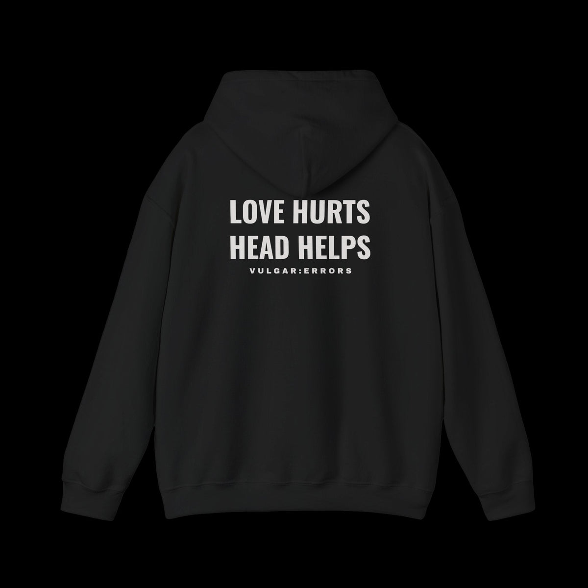 LOVE HURTS Hoodie by Vulgar Errors, black hoodie, photo 1 on a black background