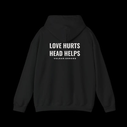 LOVE HURTS Hoodie by Vulgar Errors, black hoodie, photo 1 on a black background