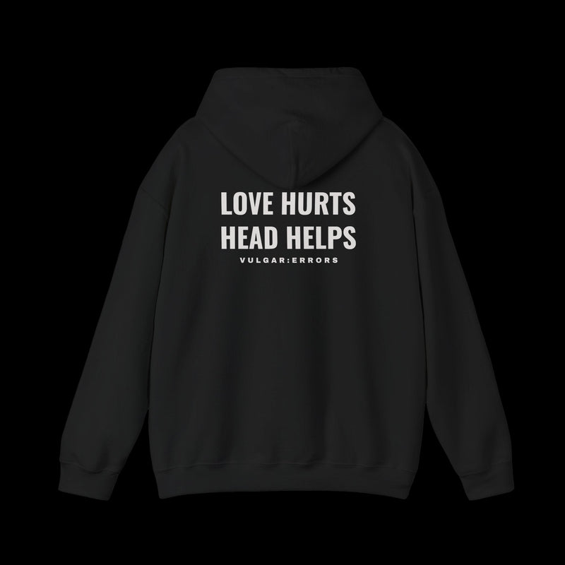 LOVE HURTS Hoodie by Vulgar Errors, black hoodie, photo 1 on a black background