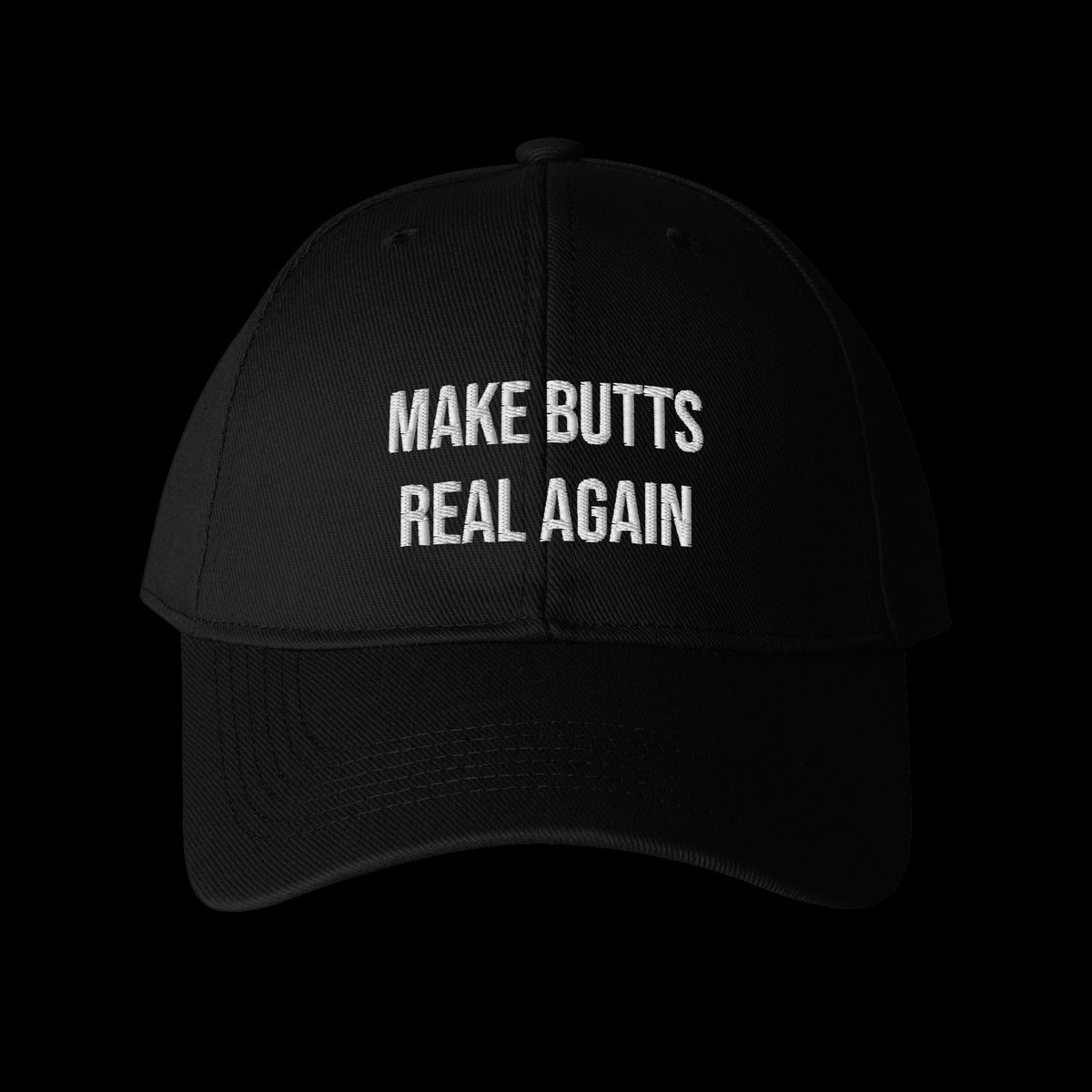 MAKE BUTTS REAL AGAIN Cap black embroidered baseball cap (front)