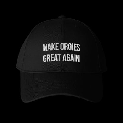 MAKE ORGIES GREAT AGAIN Cap black embroidered baseball cap (front)