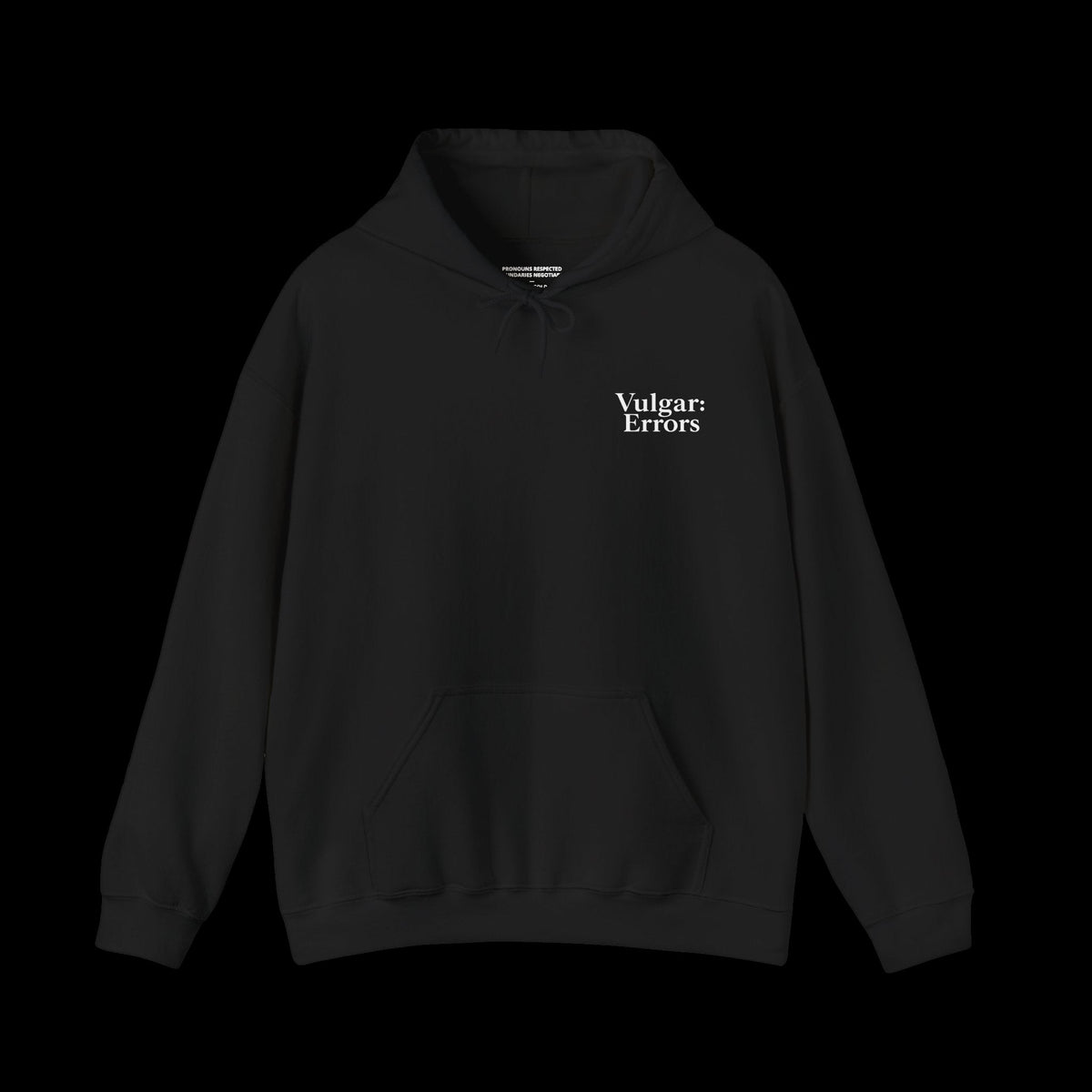 MY PRONOUNS ARE IN/HER Hoodie by Vulgar Errors, black hoodie, photo 2 on a black background