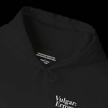 MY PRONOUNS ARE IN/HER Hoodie by Vulgar Errors, black hoodie, photo 3 on a black background