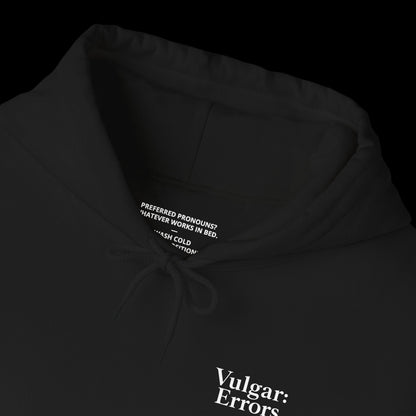 MY PRONOUNS ARE WHATEVER Hoodie, neck label, on a black background