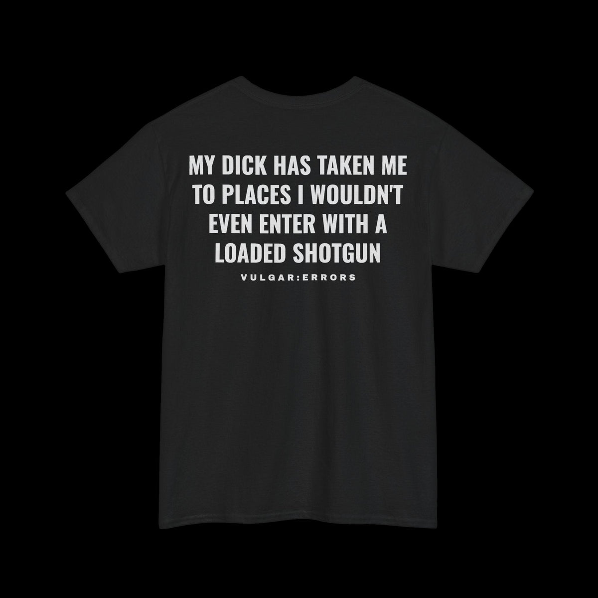 "MY D*CK HAS TAKEN ME TO PLACES I WOULDN'T EVEN ENTER WITH A LOADED SHOTGUN" Vulgar Errors black t-shirt – back view