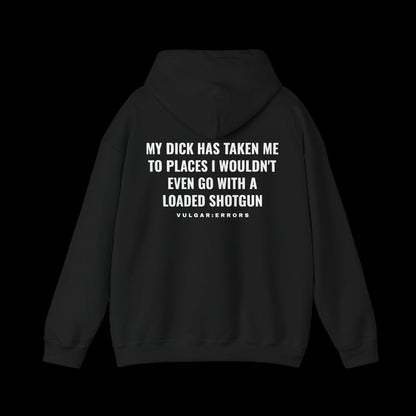 NOT EVEN WITH A SHOTGUN Hoodie by Vulgar Errors, black hoodie, photo 1 on a black background