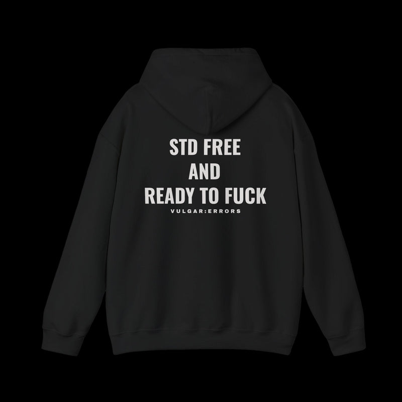 STD FREE Hoodie, back print, on a black background