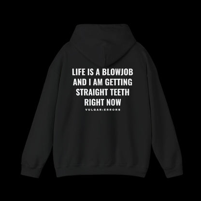 STRAIGHT TEETH Hoodie by Vulgar Errors, black hoodie, photo 1 on a black background