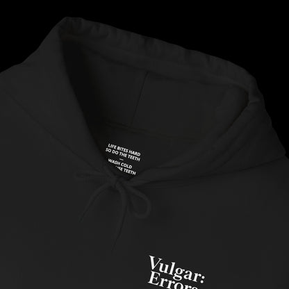 STRAIGHT TEETH Hoodie by Vulgar Errors, black hoodie, photo 3 on a black background
