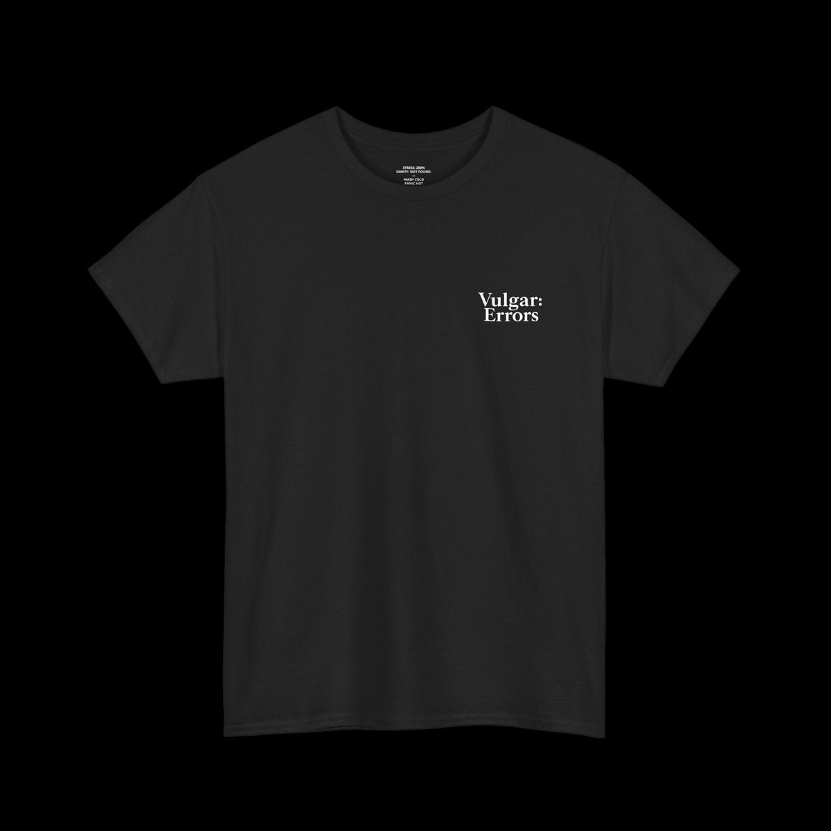 STRESS 200% Tee, front, small chest logo, black on black background