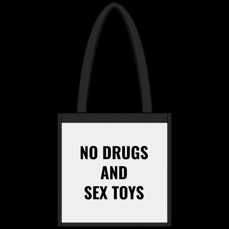 "NO DRUGS AND SEX TOYS" Vulgar Errors clear tote bag – back view