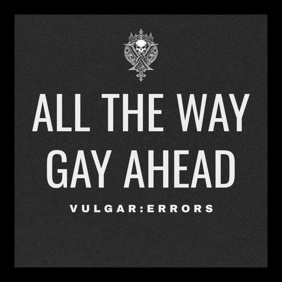 Inner neck label of the black "All The Way Gay Ahead — Car Magnet" Vulgar Errors home decor showing the printed care guide and size details