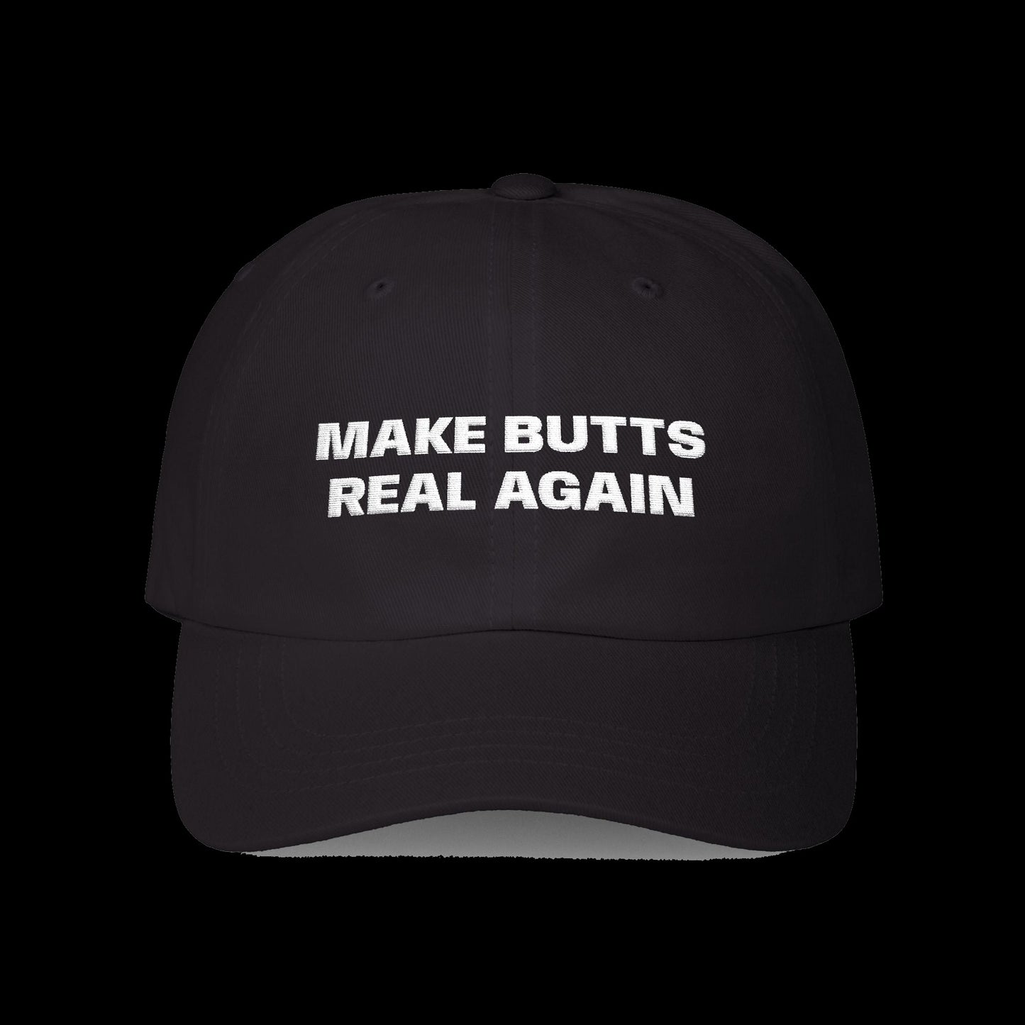 "Make Butts Real Again" Vulgar Errors cap in black, back view showing the large white slogan back print