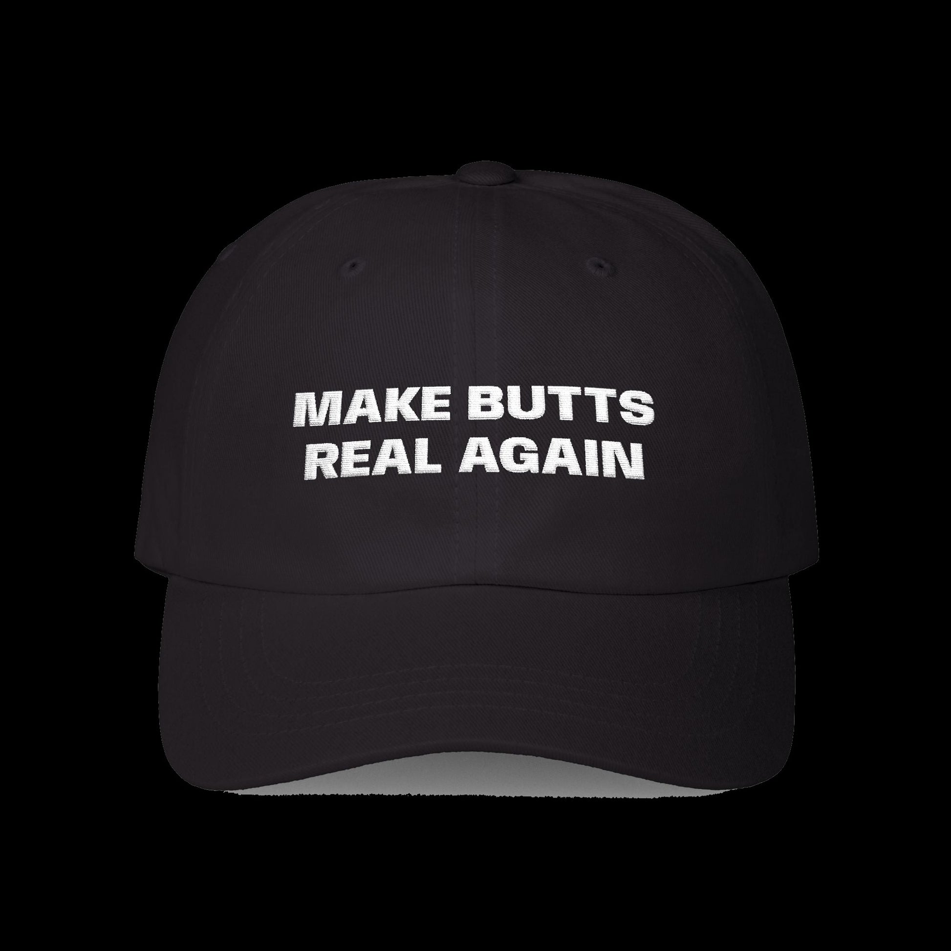 "Make Butts Real Again" Vulgar Errors cap in black, back view showing the large white slogan back print