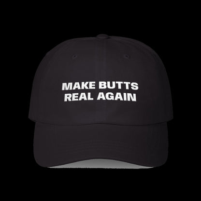 "Make Butts Real Again" Vulgar Errors cap in black, back view showing the large white slogan back print