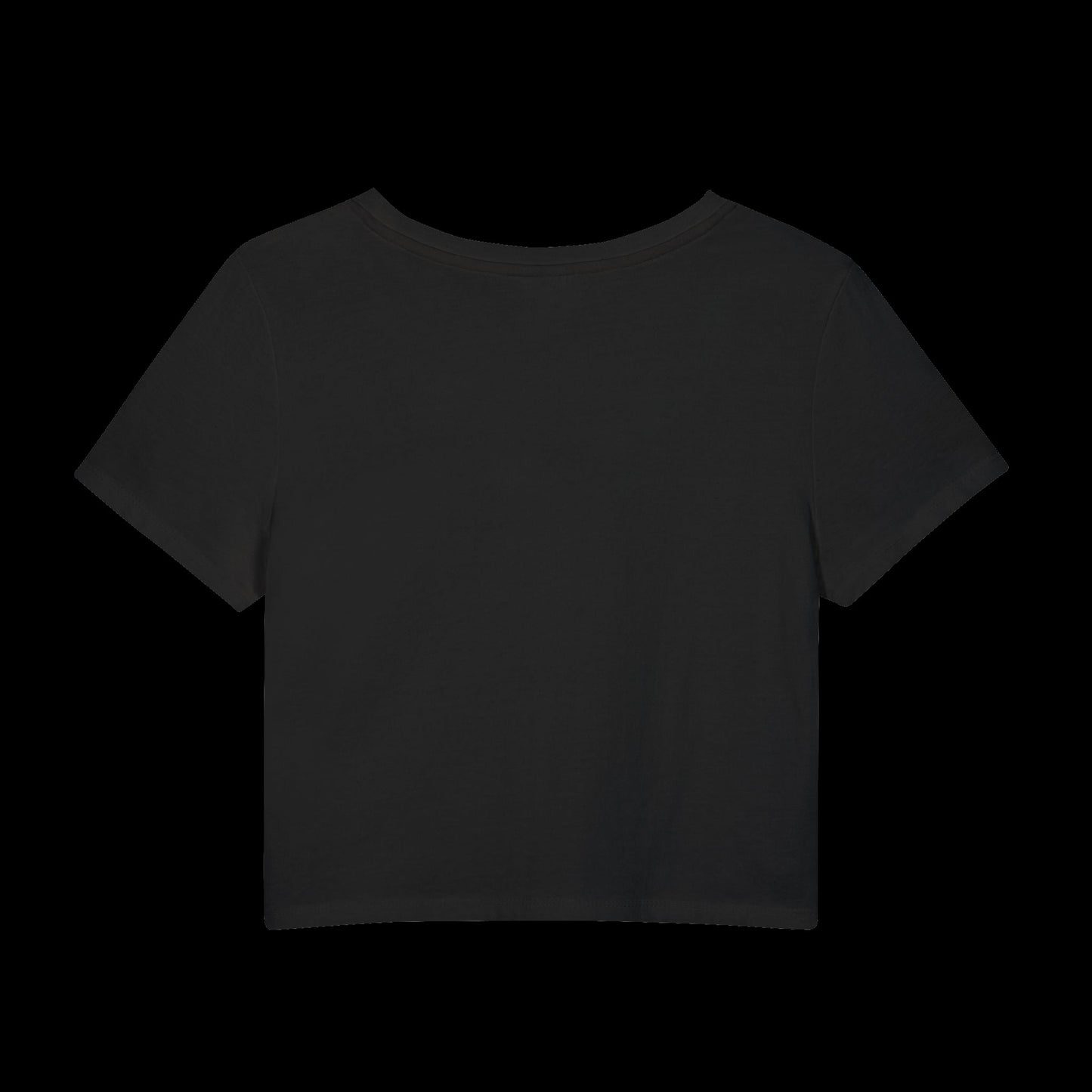 Back view of fitted black baby tee showing cropped shape, short sleeves, and clean cotton finish