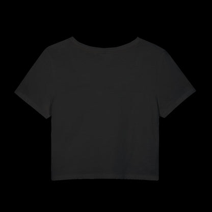 Back view of fitted black baby tee showing cropped shape, short sleeves, and clean cotton finish