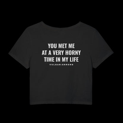 "Horny Time" Vulgar Errors cropped baby tee in black, back view showing the large white slogan back print
