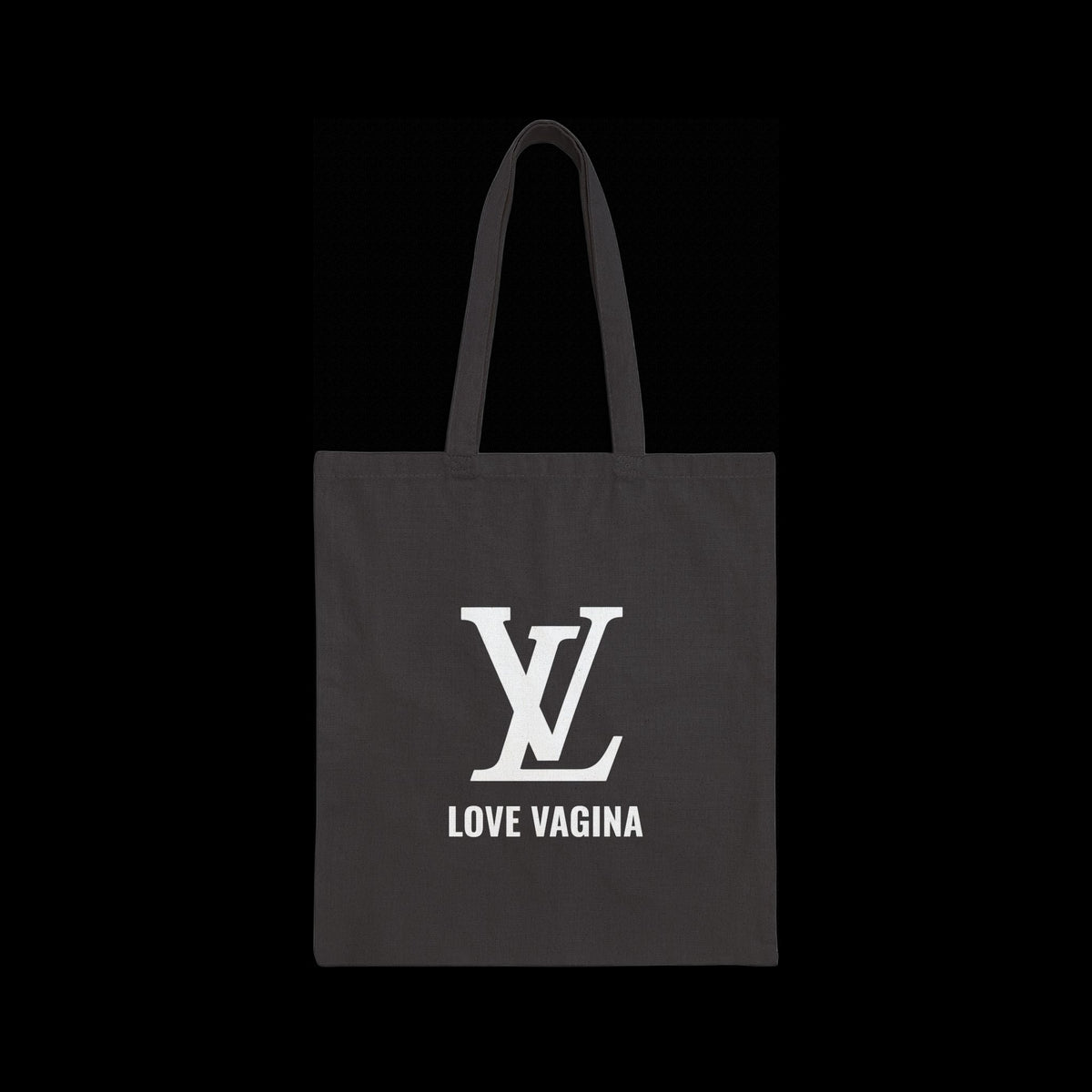 Vulgar Errors black heavy cotton canvas tote bag with white Love Vagina graphic logo on the front