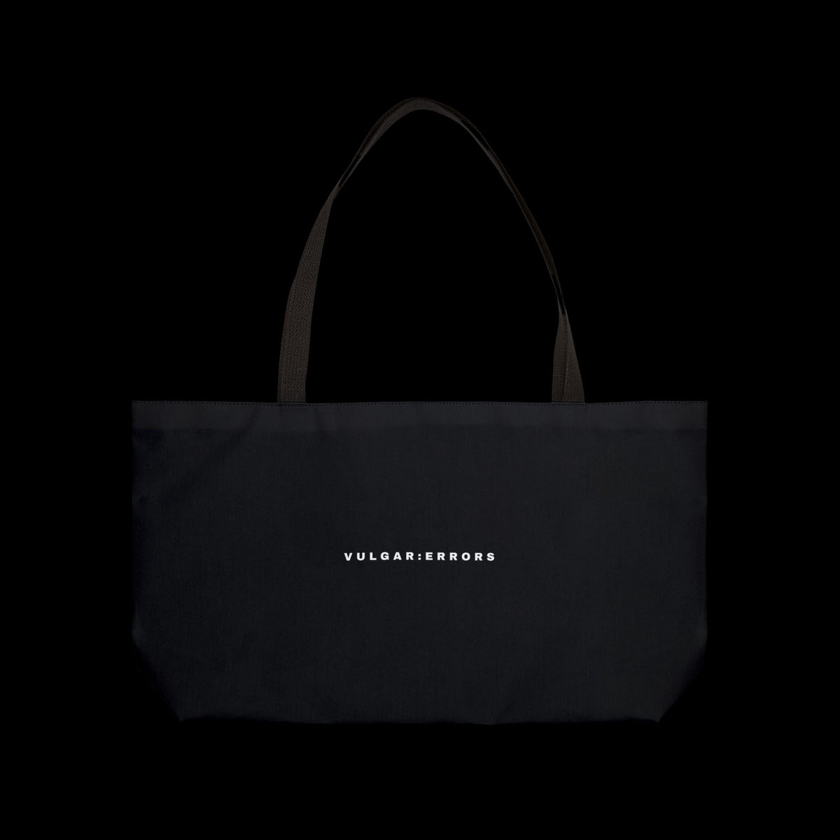 Vulgar Errors black weekender tote bag with white logo, durable spun polyester exterior and sturdy woven handles.