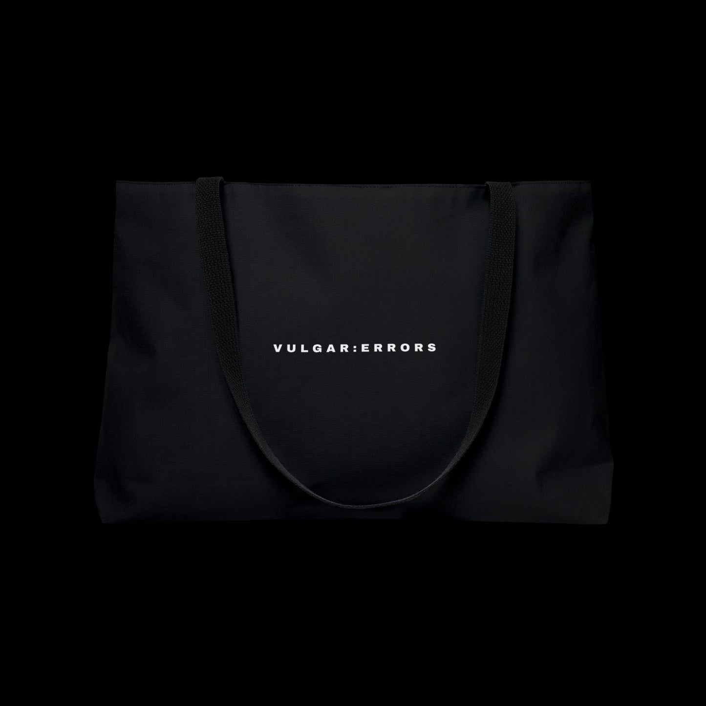 Vulgar Errors black weekender tote bag with durable spun polyester exterior and sturdy woven shoulder straps