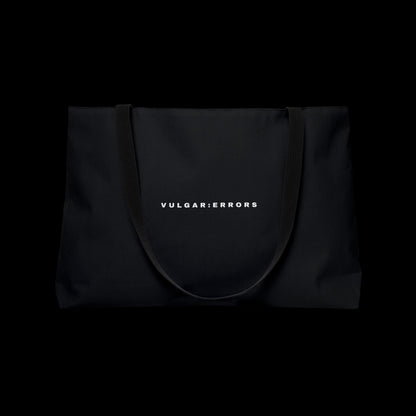 Vulgar Errors black weekender tote bag with durable spun polyester exterior and sturdy woven shoulder straps