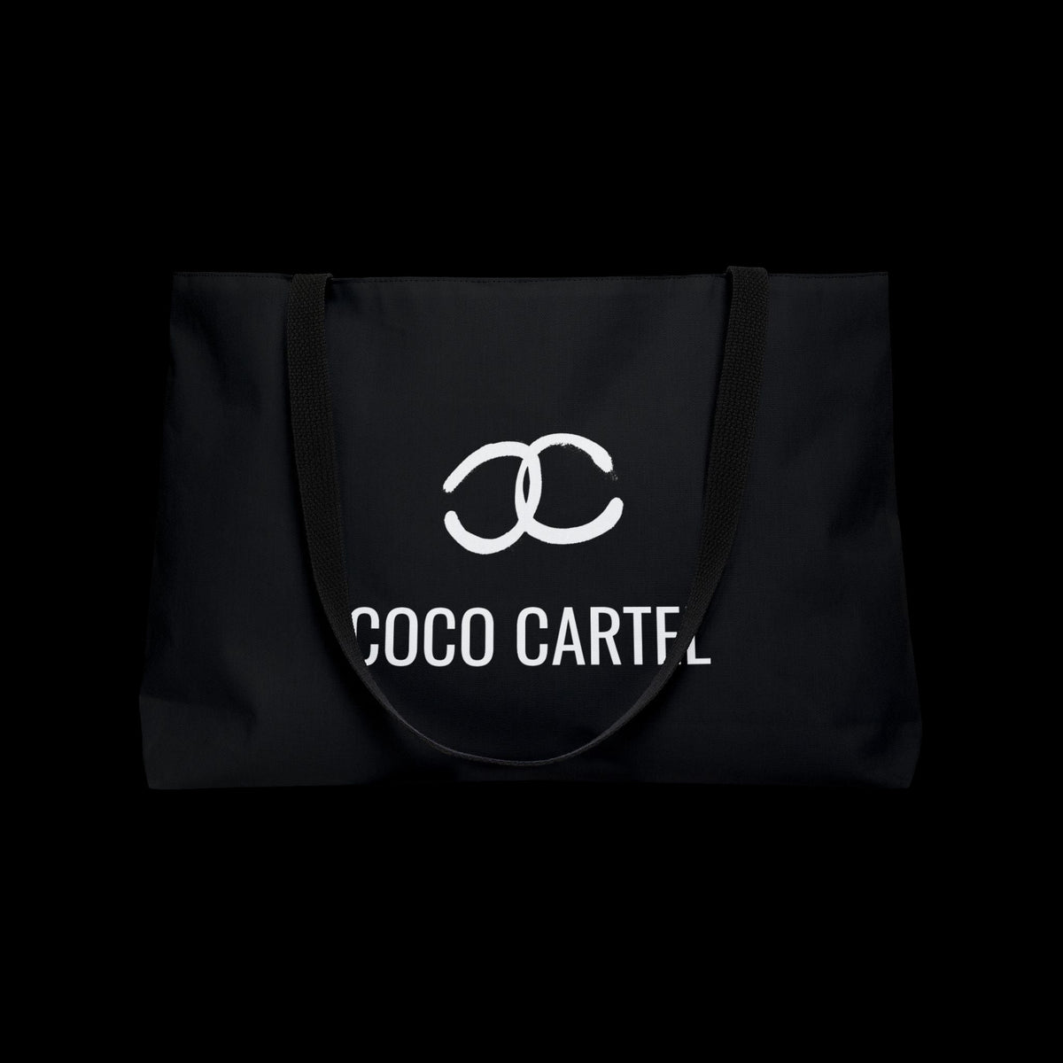 Vulgar Errors Coco Cartel black weekender tote bag with white logo and sturdy woven shoulder straps