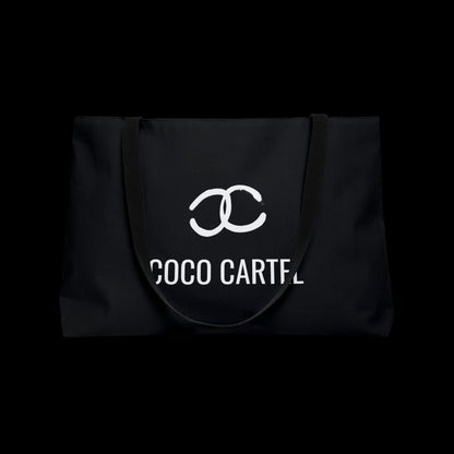 Vulgar Errors Coco Cartel black weekender tote bag with white logo and sturdy woven shoulder straps