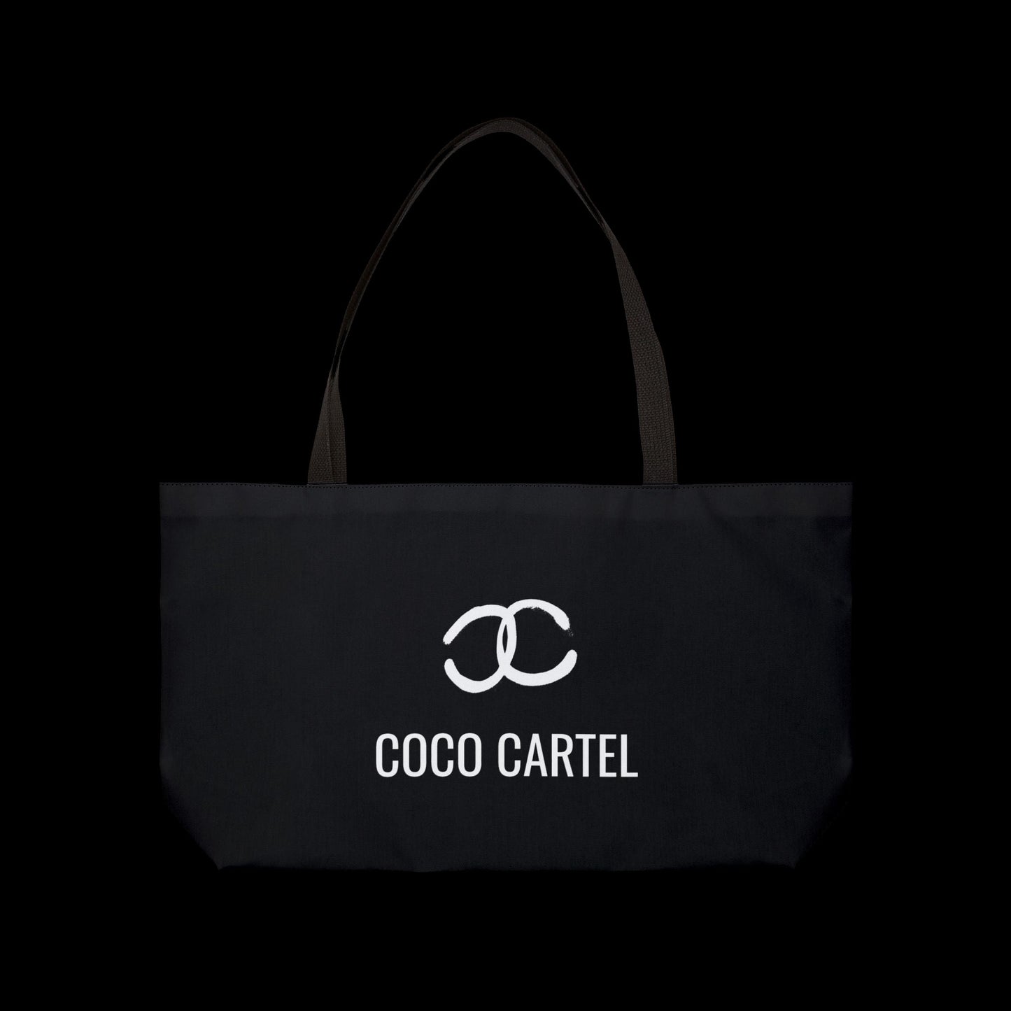 Vulgar Errors Coco Cartel black weekender tote bag with white logo and sturdy woven shoulder straps