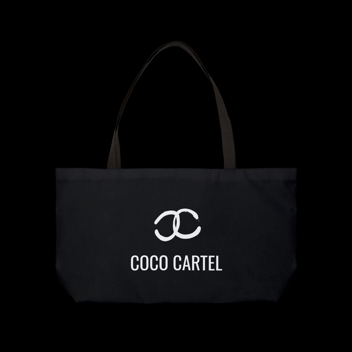 Vulgar Errors Coco Cartel black weekender tote bag with white logo and sturdy woven shoulder straps