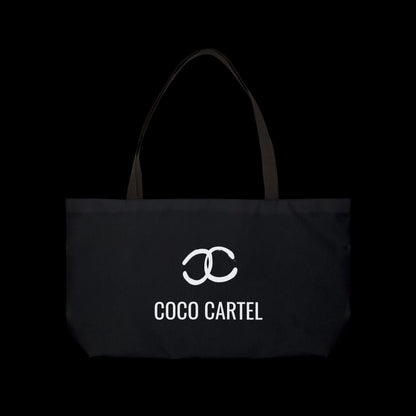 Vulgar Errors Coco Cartel black weekender tote bag with white logo and sturdy woven shoulder straps