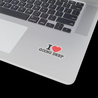 Vulgar Errors I Heart Going Deep glossy vinyl sticker applied to a silver laptop surface