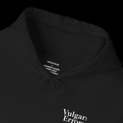 Whoever Dates My Exes Hoodie by Vulgar Errors, black hoodie, photo 3 on a black background
